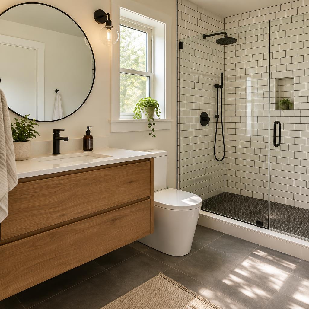 Remodeled bathroom with subway tile shower and wood vanity