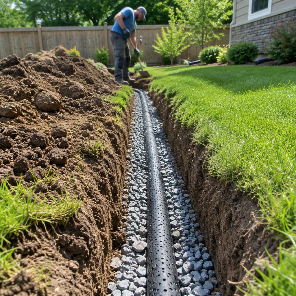 French drain installation protecting a residential yard
