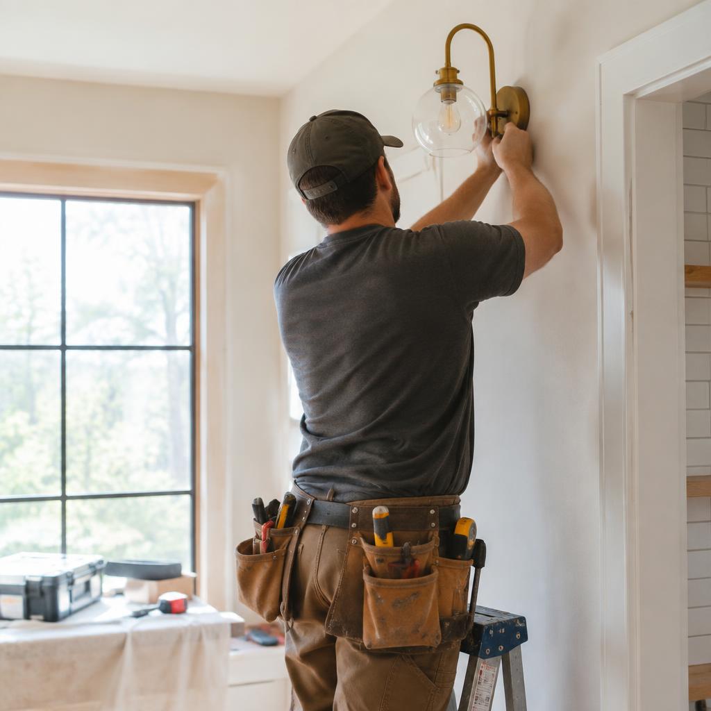 Handyman installing a light fixture in a renovated room