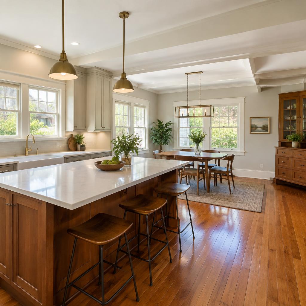 Freshly renovated kitchen and dining area with new walls and finishes
