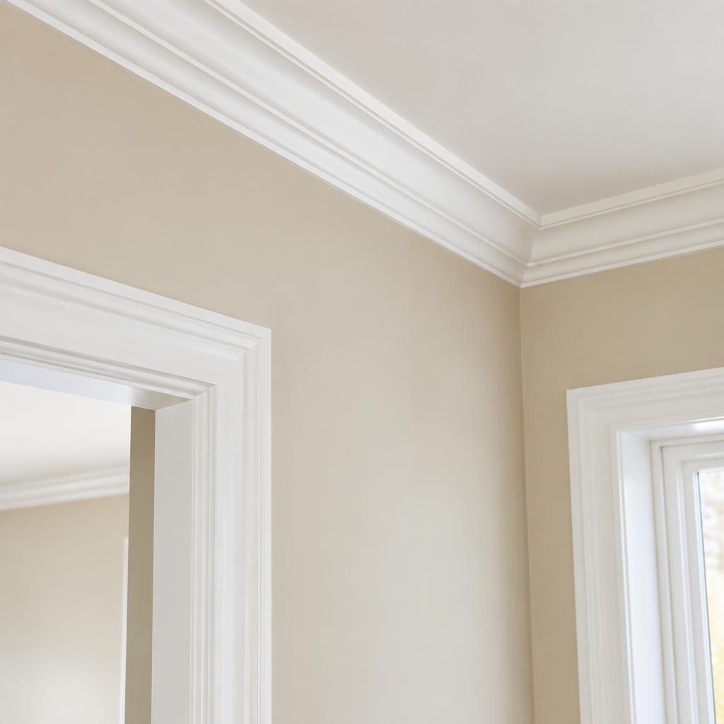Crisp painted trim and crown molding detail
